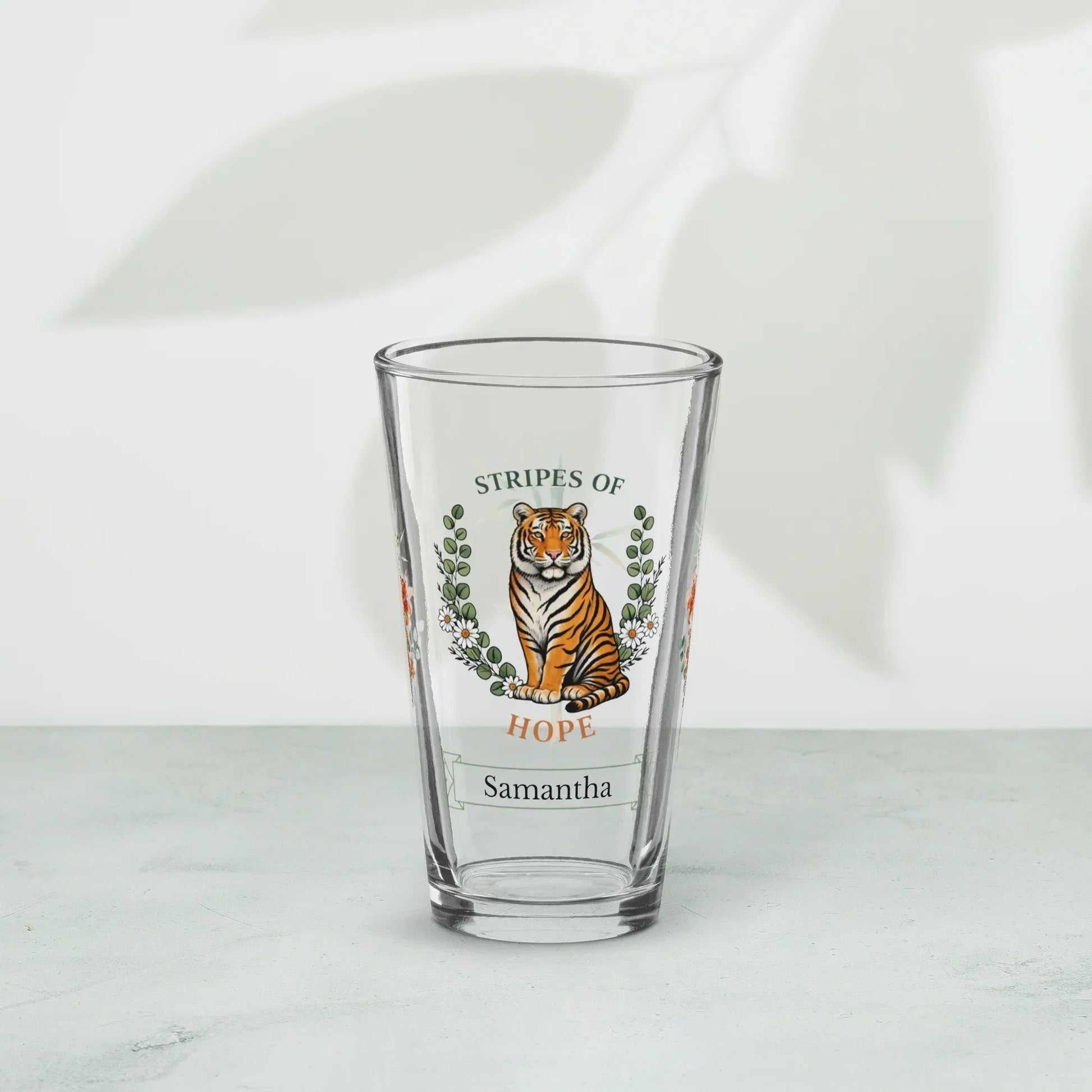 Shop our premium stripes of hope tiger pint glass from MySisterIsASurvivor.