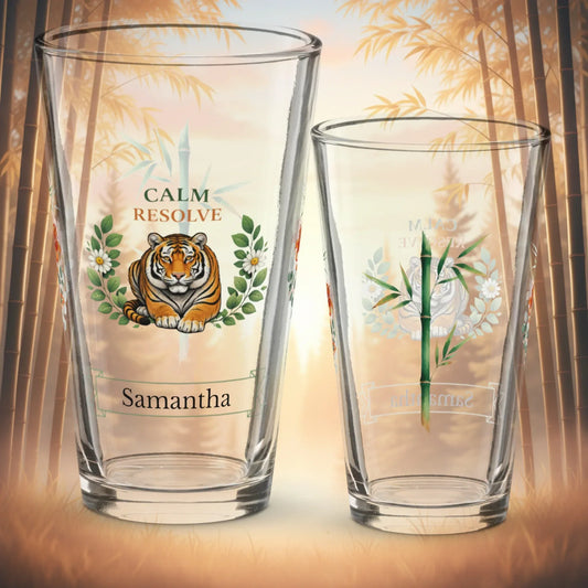 Shop our calm resolve tiger pint glass featuring the 16oz style option from MySisterIsASurvivor.
