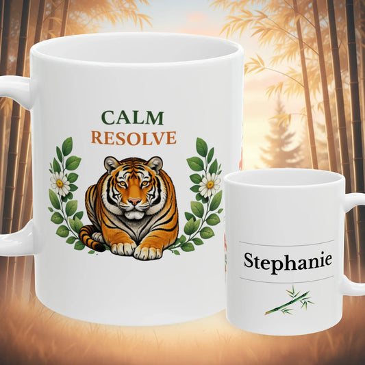 Shop our calm resolve tiger mug featuring the 11oz style option from MySisterIsASurvivor.