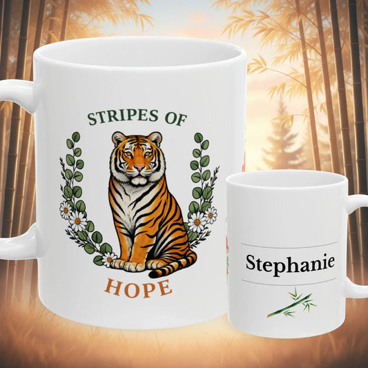 Shop our stripes of hope tiger mug featuring the 11oz style option from MySisterIsASurvivor.