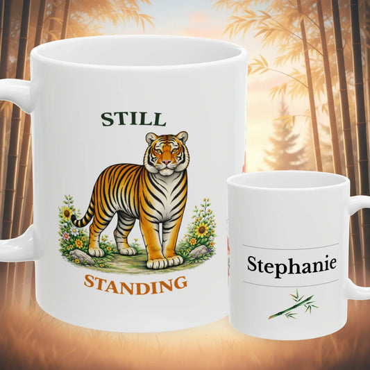 Shop our still standing tiger mug featuring the 11oz style option from MySisterIsASurvivor.