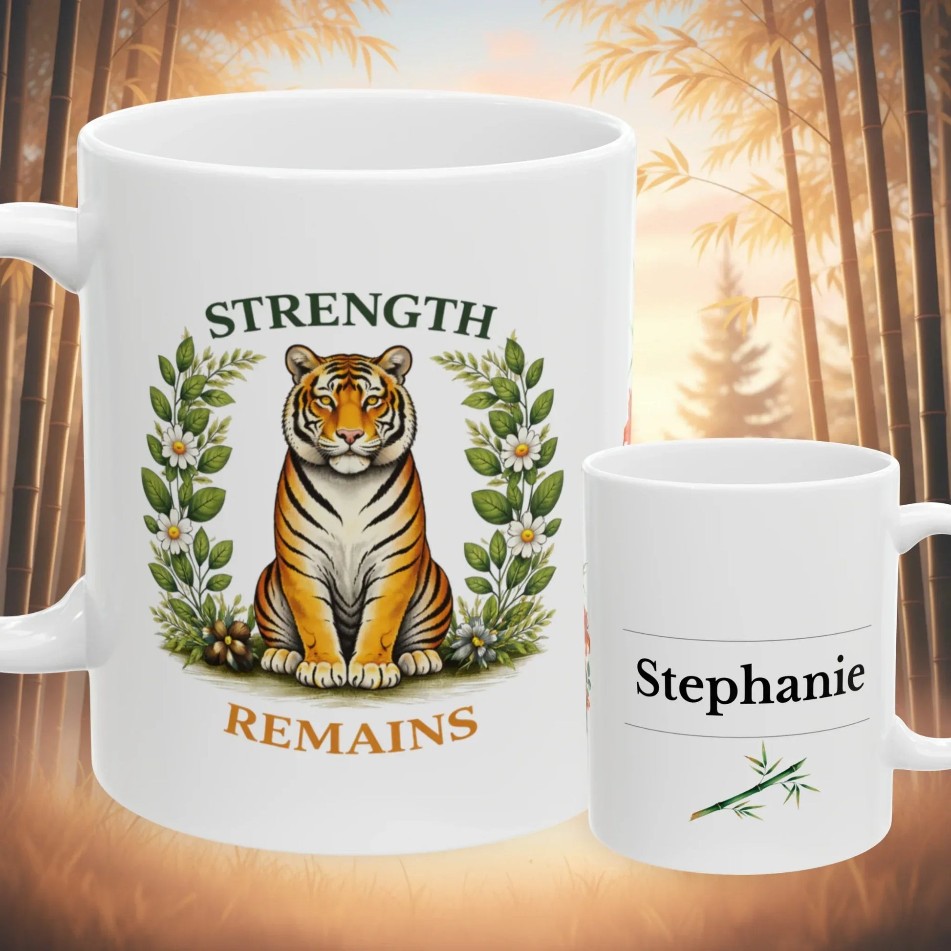 Shop our strength remains tiger mug featuring the 11oz style option from MySisterIsASurvivor.