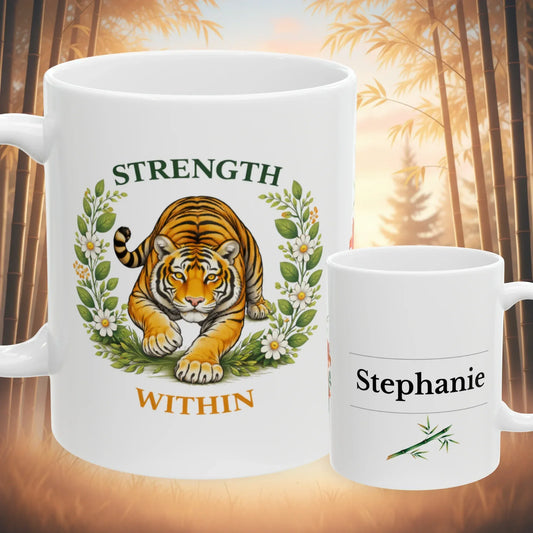 Shop our strength within tiger mug featuring the 11oz style option from MySisterIsASurvivor.
