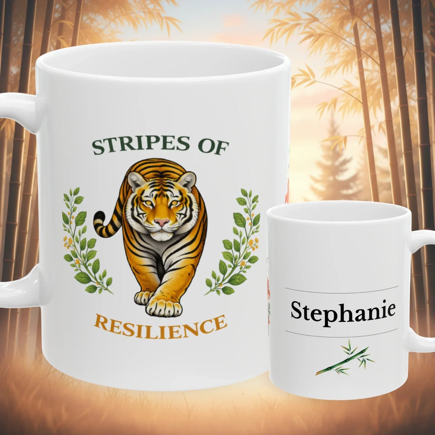 Shop our stripes of resilience tiger mug featuring the 11oz style option from MySisterIsASurvivor.