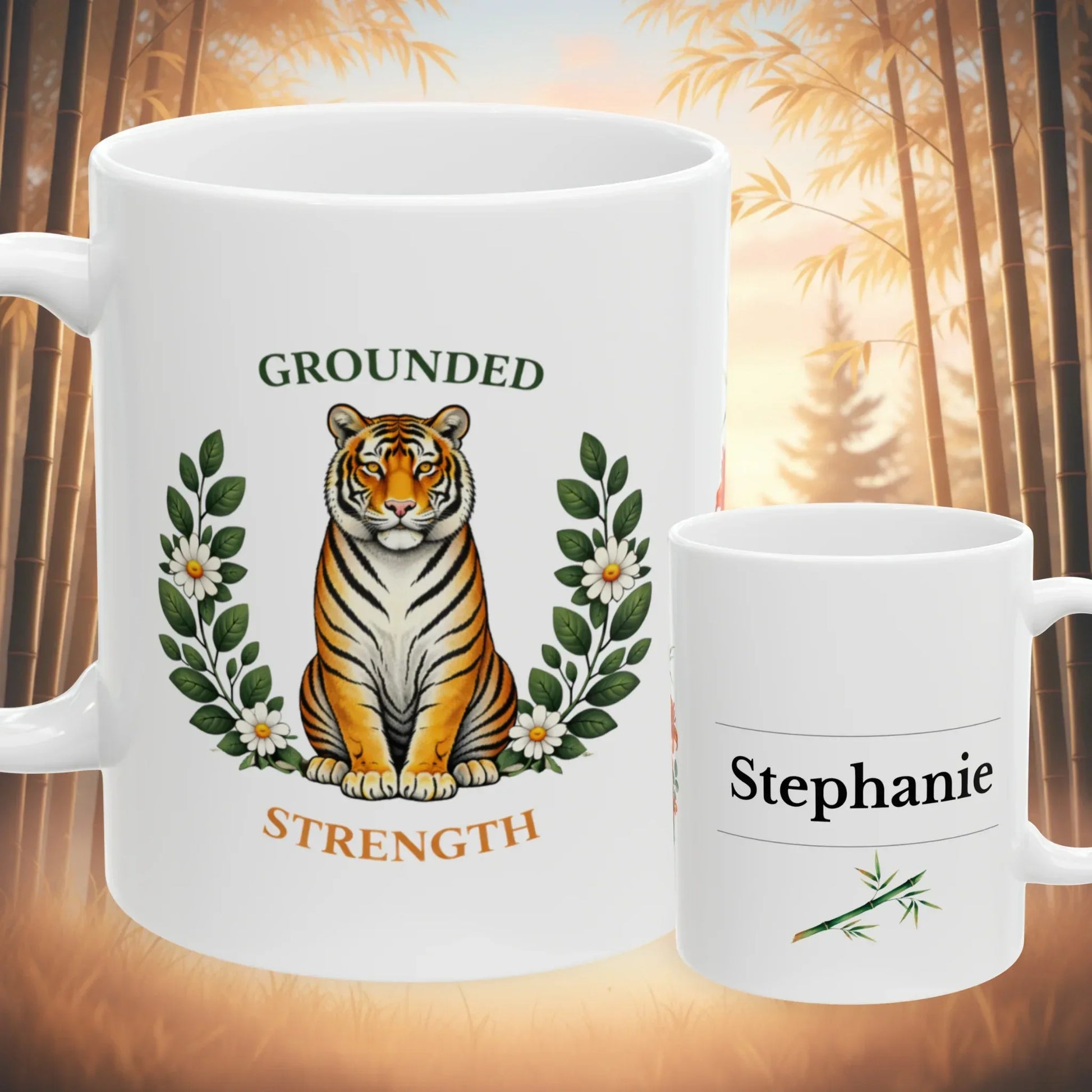 Shop our grounded strength tiger mug featuring the 11oz style option from MySisterIsASurvivor.