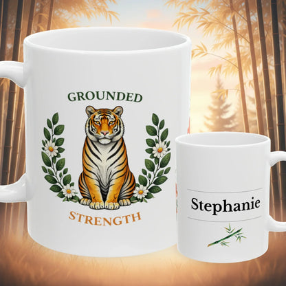 Shop our grounded strength tiger mug featuring the 11oz style option from MySisterIsASurvivor.