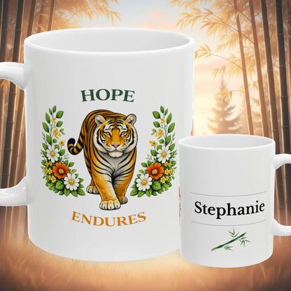 Shop our hope endures tiger mug featuring the 11oz style option from MySisterIsASurvivor.