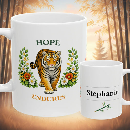 Shop our hope endures tiger mug featuring the 11oz style option from MySisterIsASurvivor.