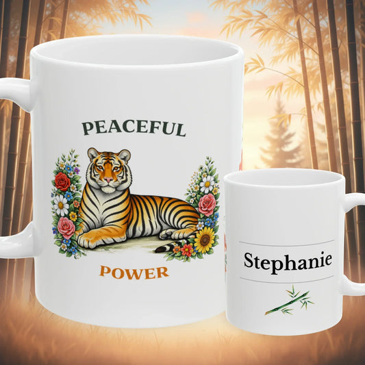 Shop our peaceful power tiger mug featuring the 11oz style option from MySisterIsASurvivor.