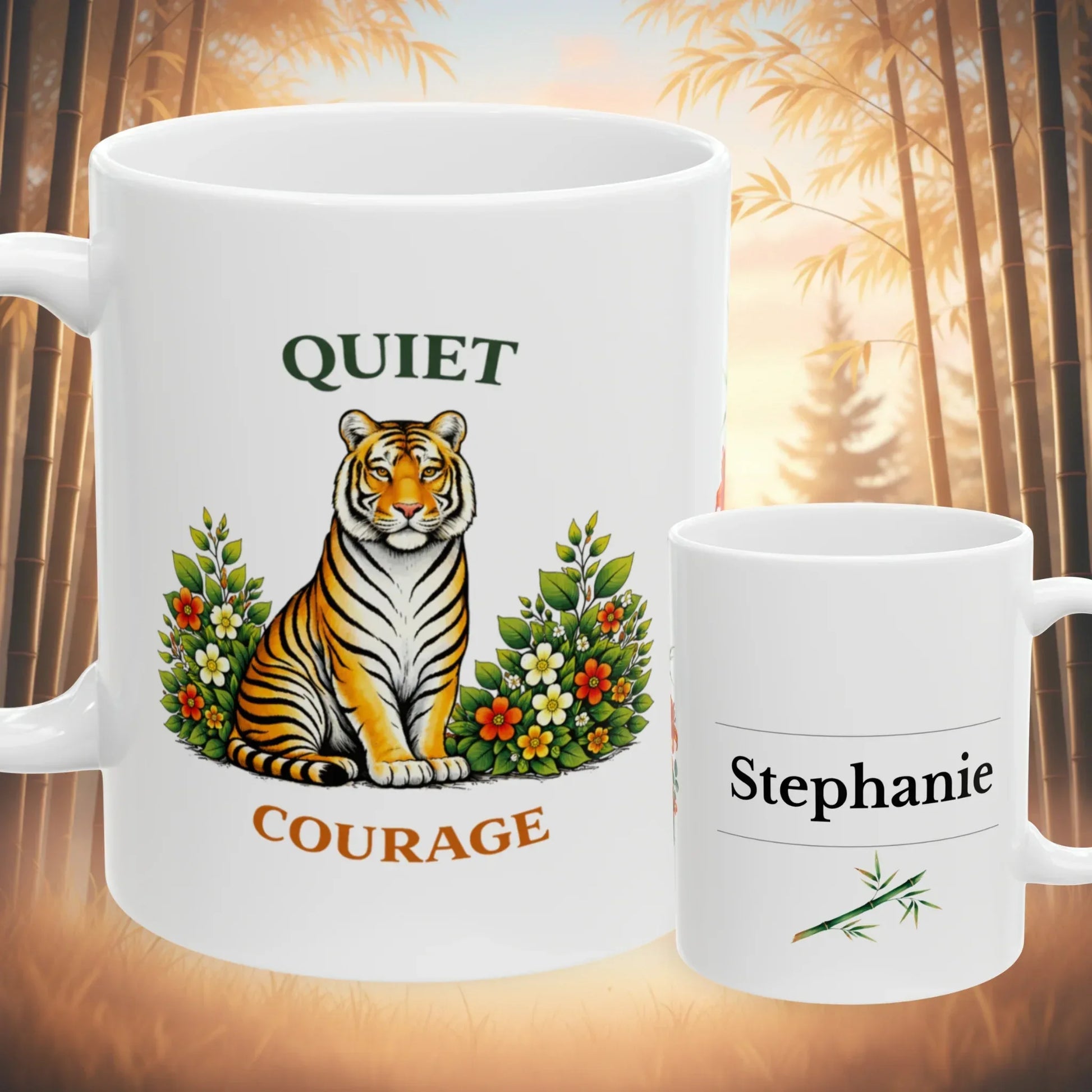 Shop our quiet courage tiger mug featuring the 11oz style option from MySisterIsASurvivor.