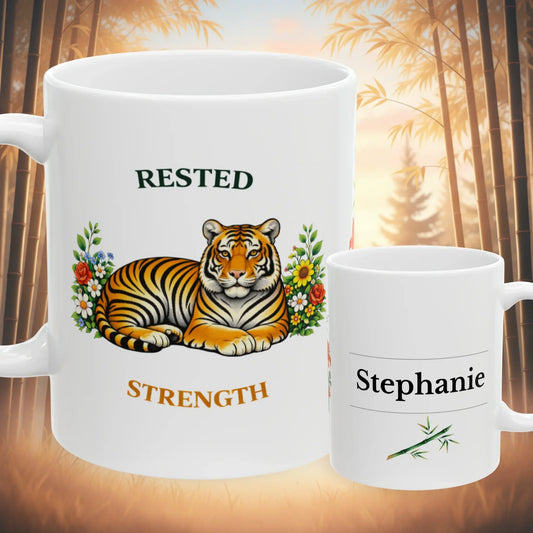 Shop our rested strength tiger mug featuring the 11oz style option from MySisterIsASurvivor.