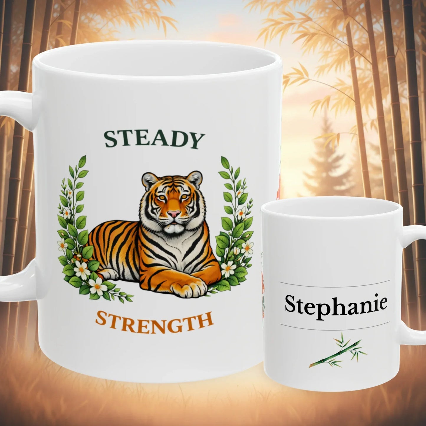Shop our steady strength tiger mug featuring the 11oz style option from MySisterIsASurvivor.