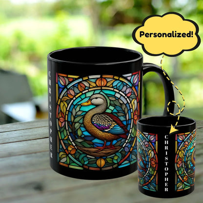 Shop our duck stained glass zoo animals ceramic black mug featuring the 11oz style option from MySisterIsASurvivor.