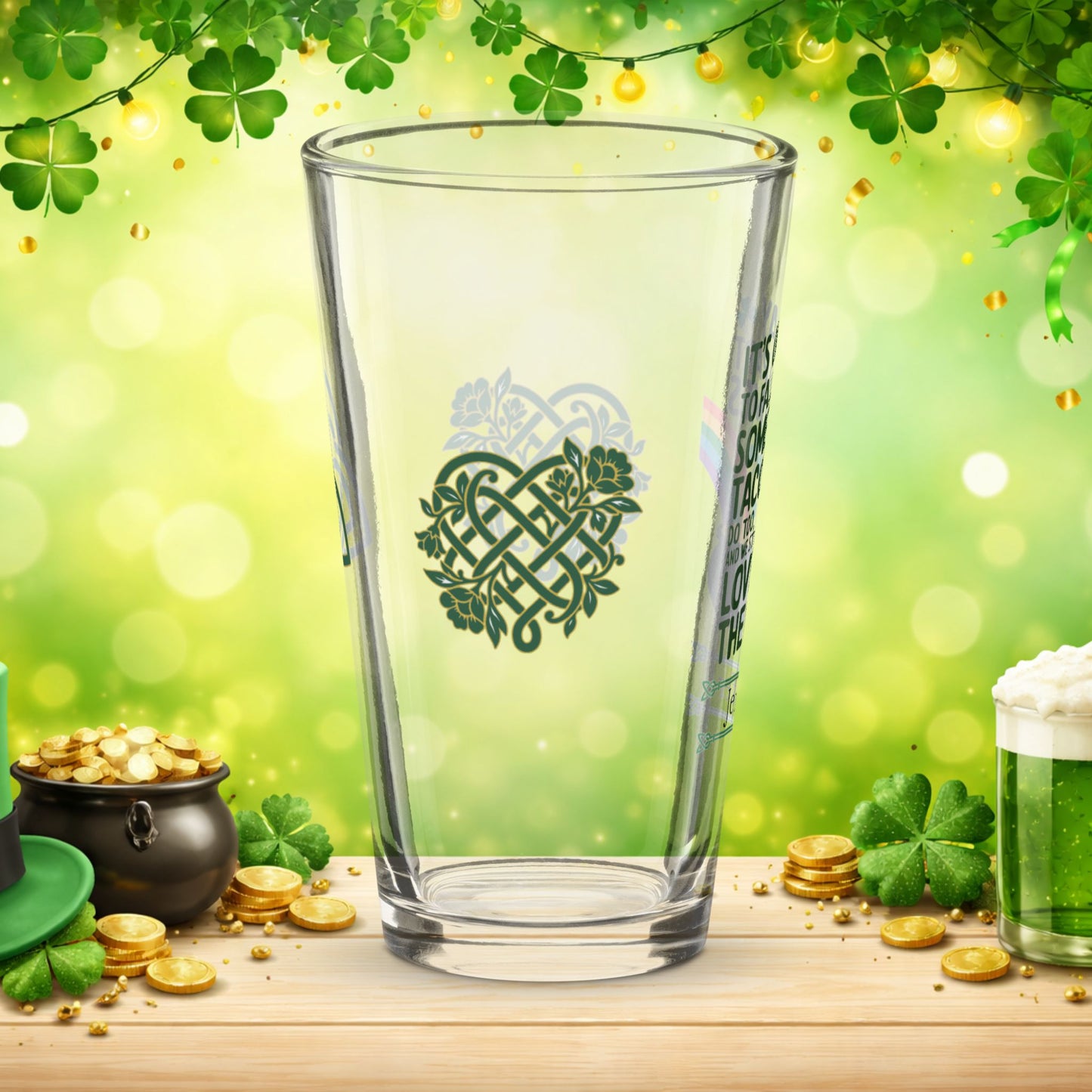 St. Patrick’s Day pint glass with It’s Okay to Fall Apart Sometimes affirmation and Irish shamrocks