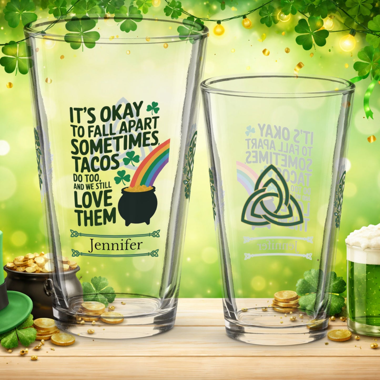 St. Patrick’s Day pint glass with It’s Okay to Fall Apart Sometimes affirmation and Irish shamrocks