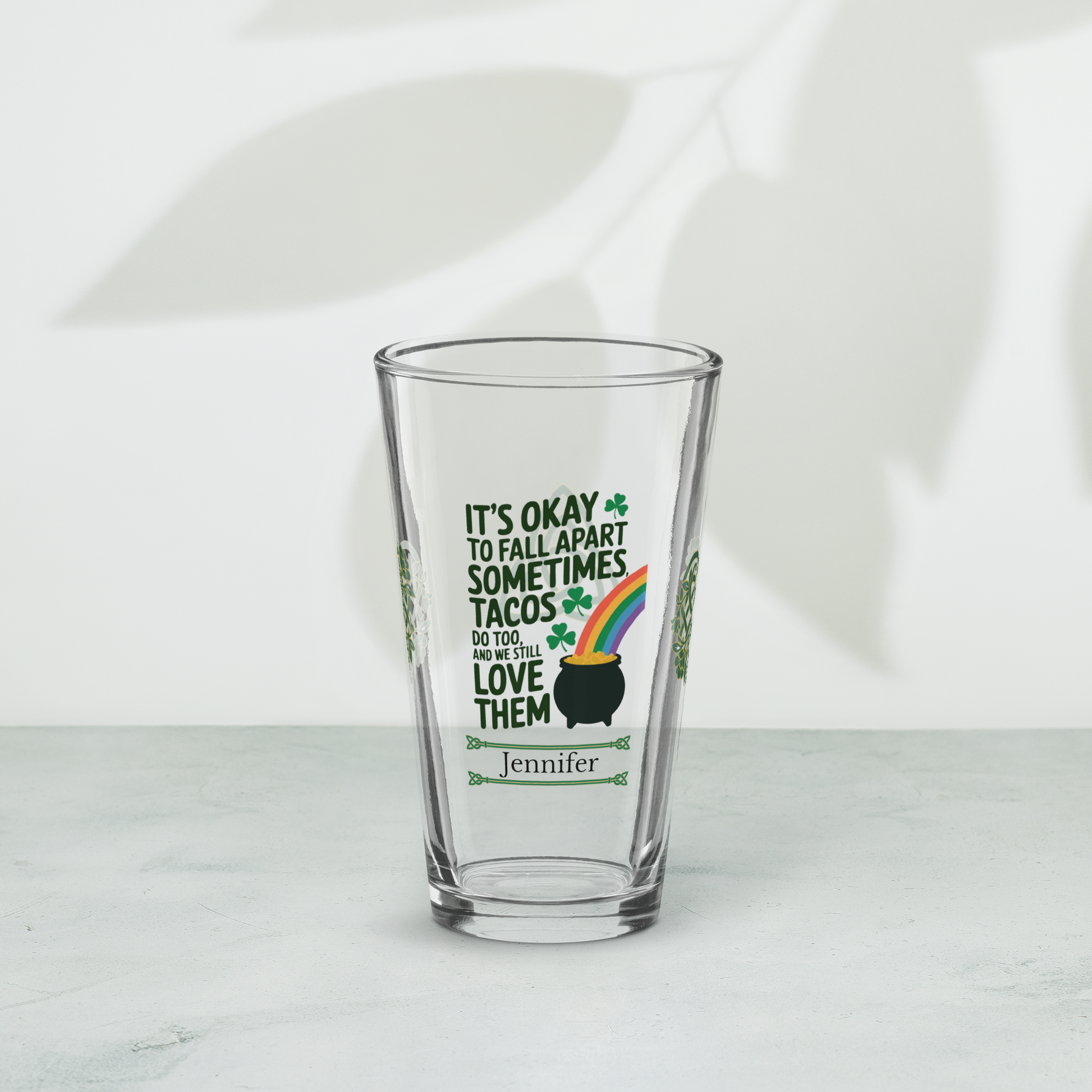 St. Patrick’s Day pint glass with It’s Okay to Fall Apart Sometimes affirmation and Irish shamrocks