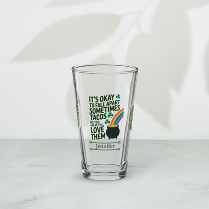 St. Patrick’s Day pint glass with It’s Okay to Fall Apart Sometimes affirmation and Irish shamrocks