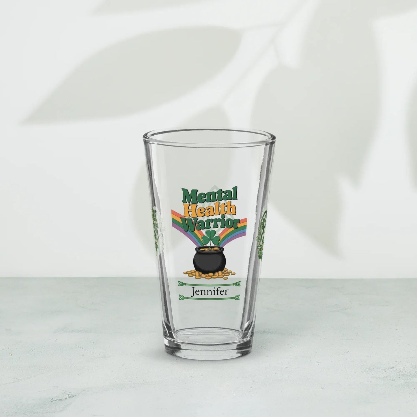 Shop our premium mental health warrior st patrick pint glass from MySisterIsASurvivor.