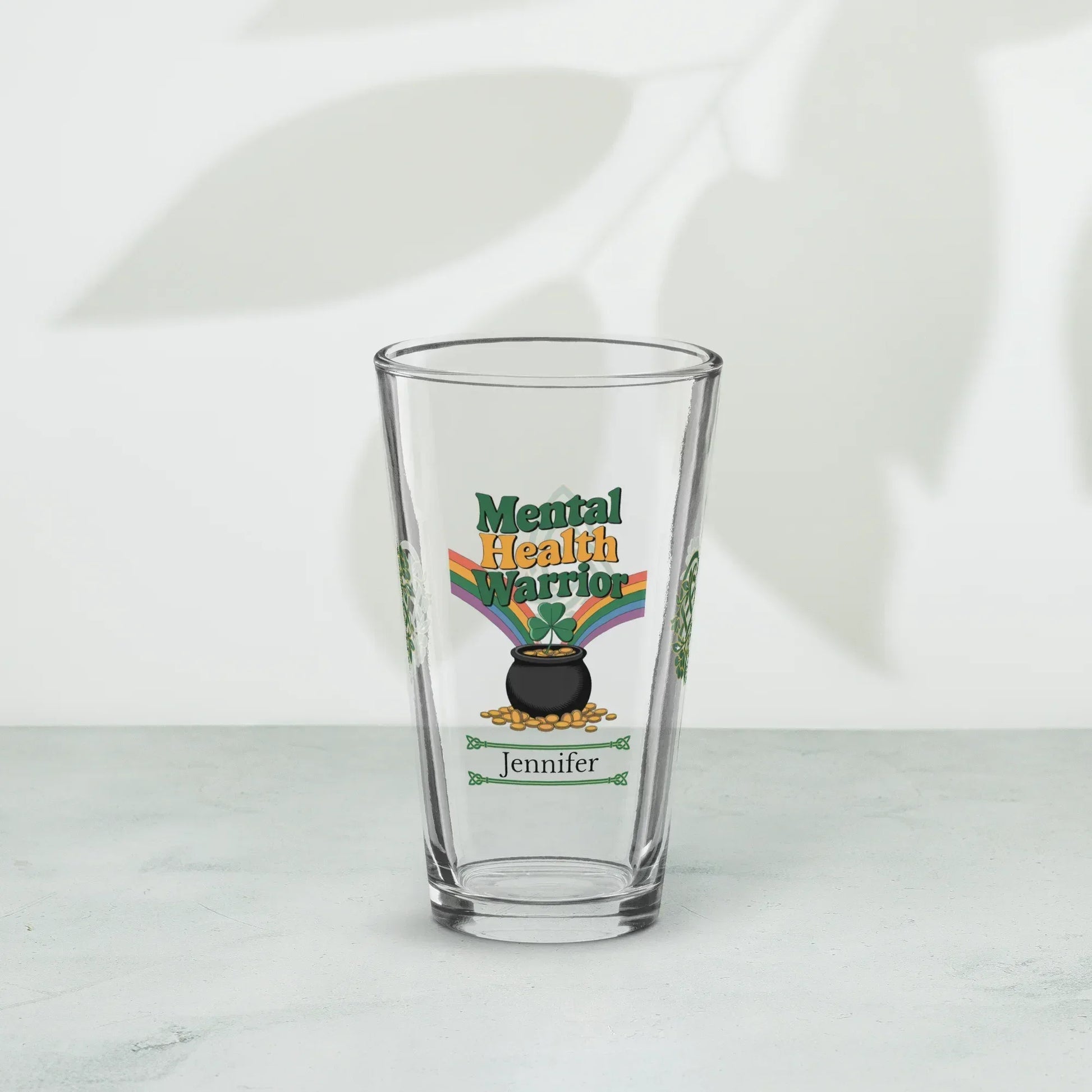 Shop our premium mental health warrior st patrick pint glass from MySisterIsASurvivor.