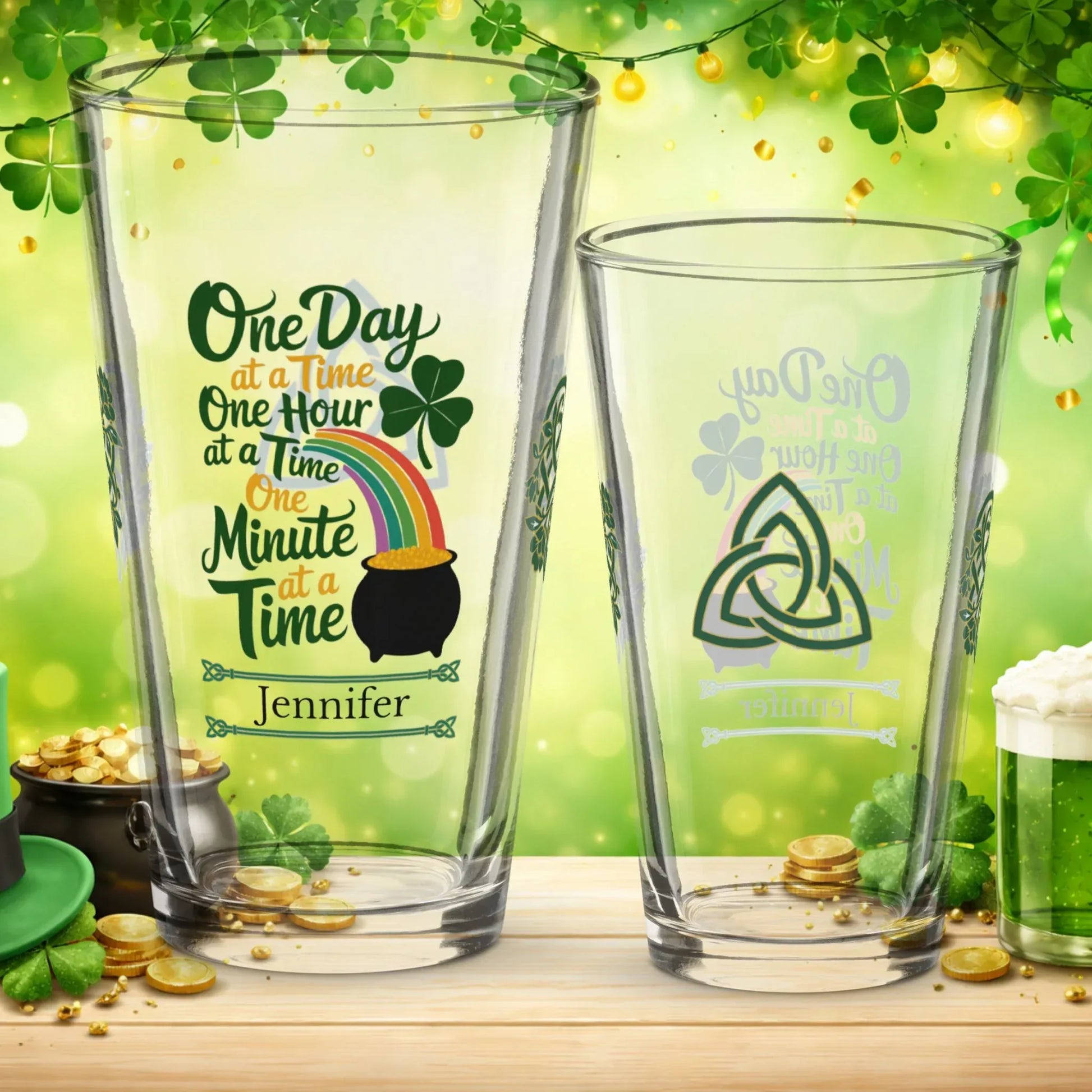 Shop our one day one hour one minute st patrick pint glass featuring the 16oz style option from MySisterIsASurvivor.