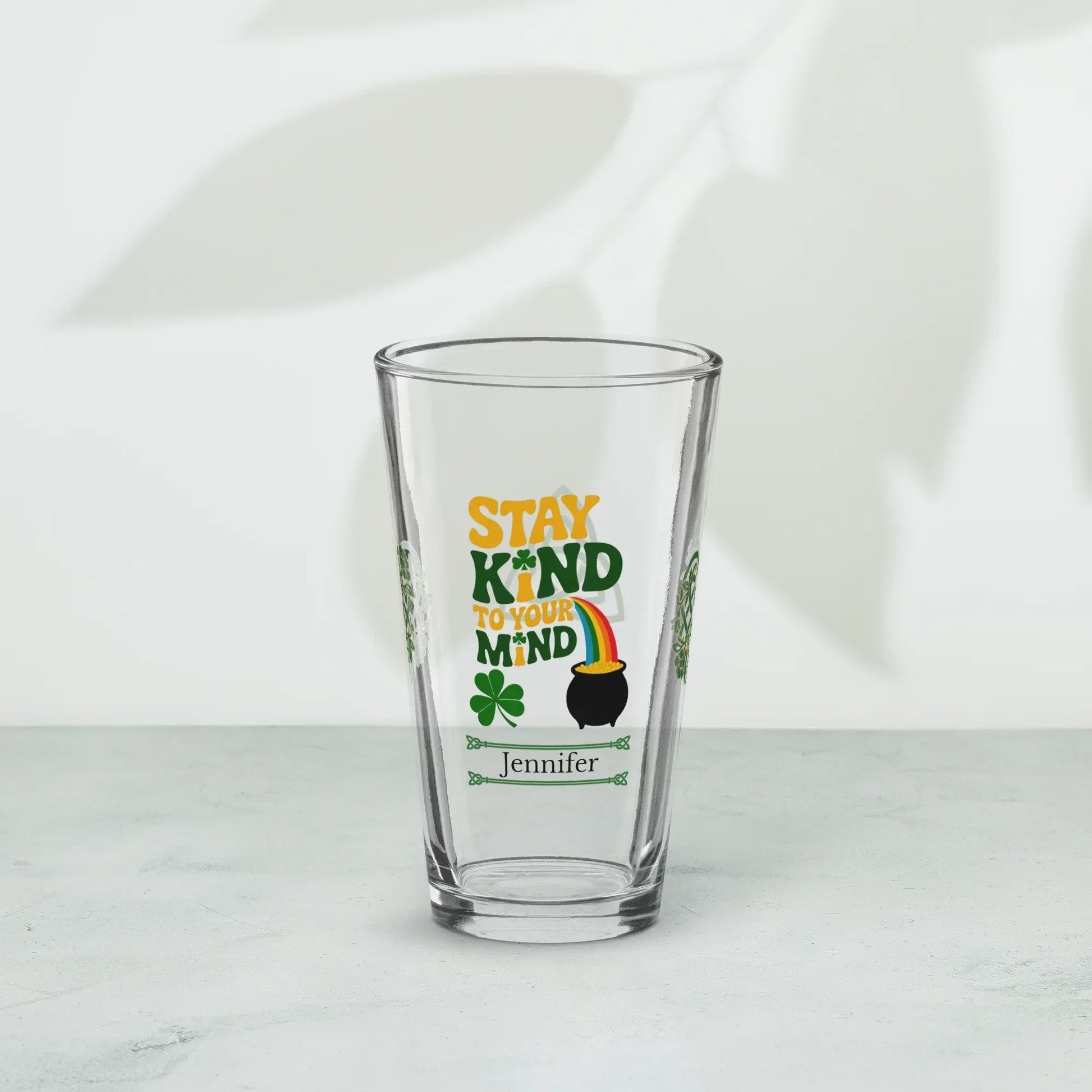 Shop our premium stay kind to your mind st patrick pint glass from MySisterIsASurvivor.