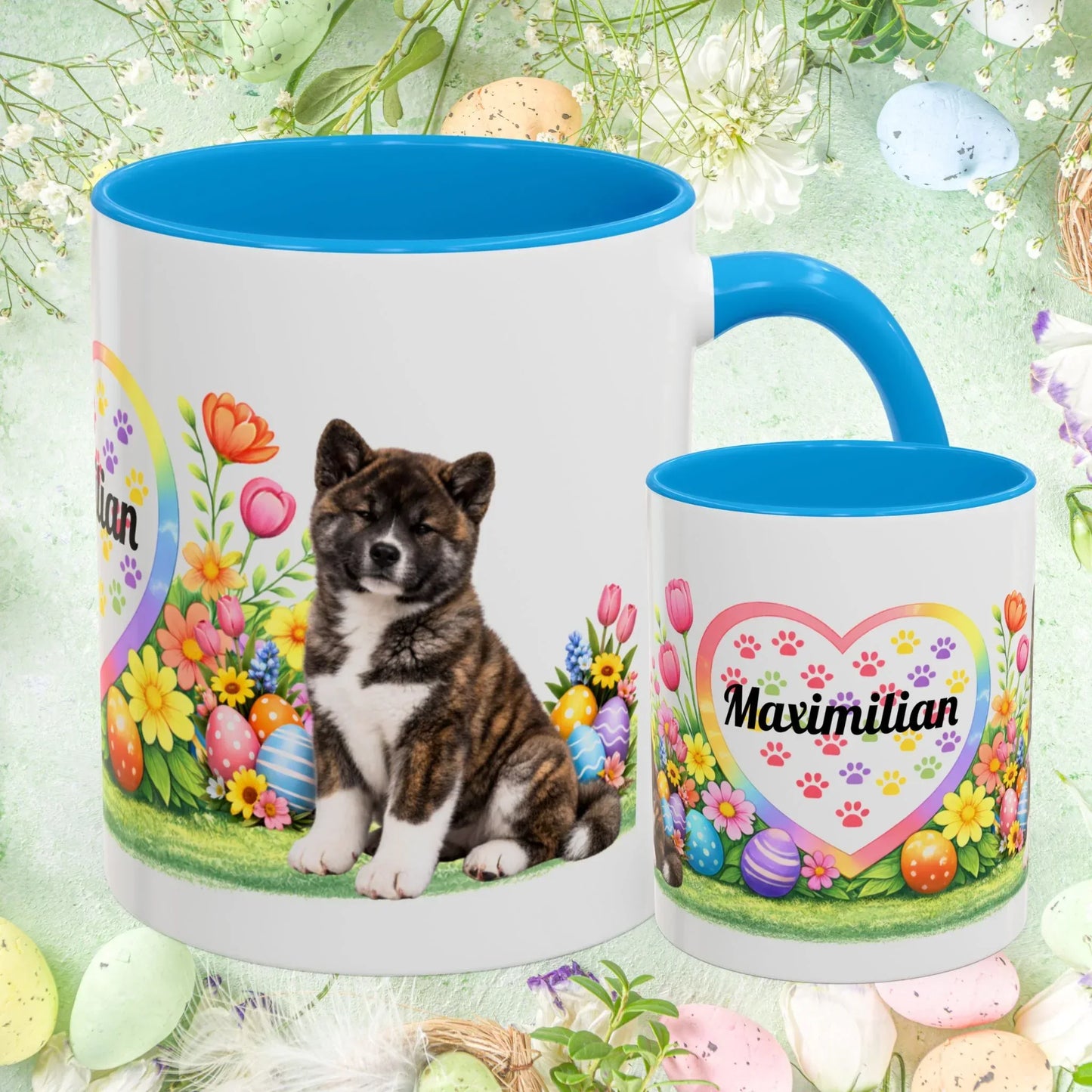 Shop our akita brindle puppy easter mug featuring the 11oz style option from MySisterIsASurvivor.