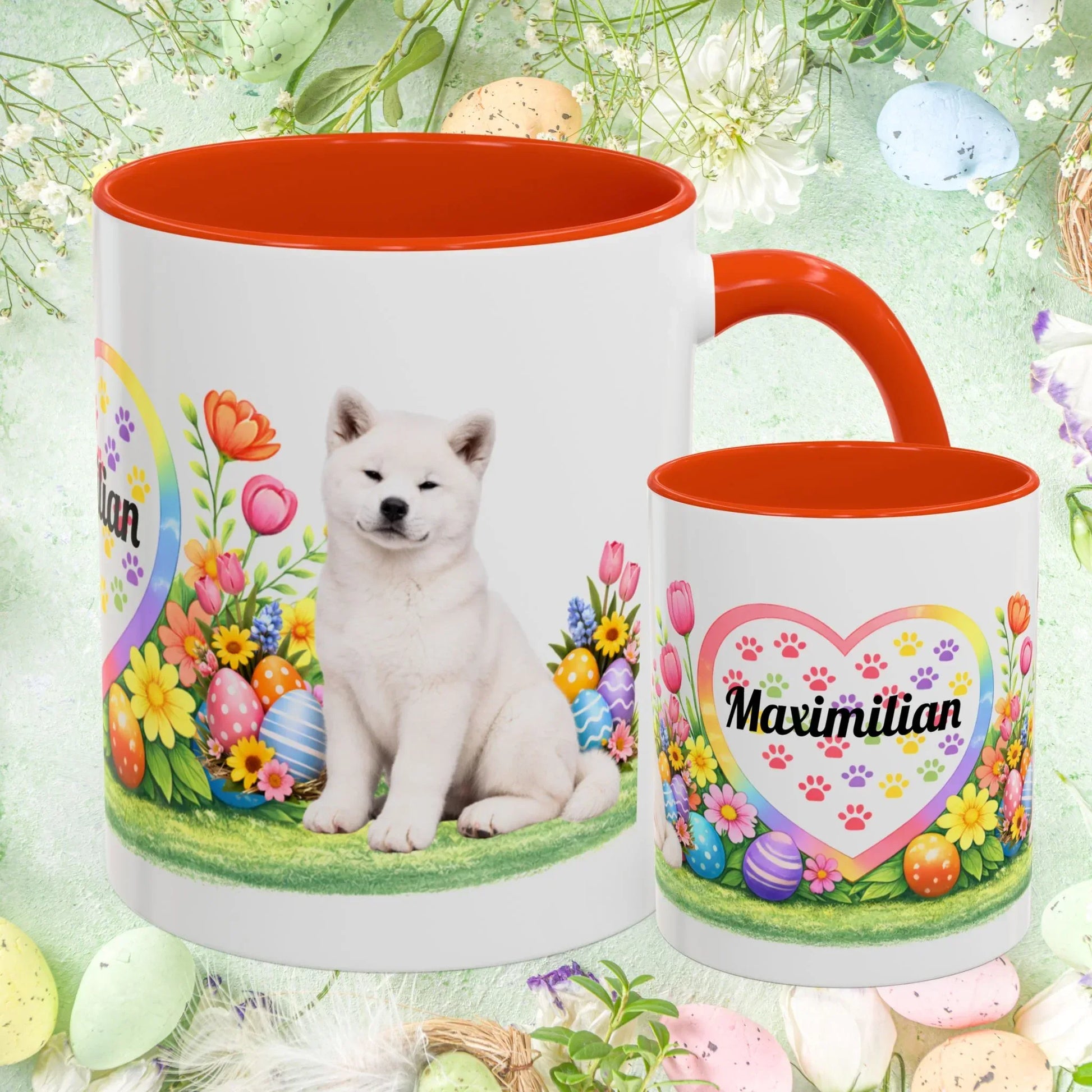 Shop our akita white puppy easter mug featuring the 11oz style option from MySisterIsASurvivor.