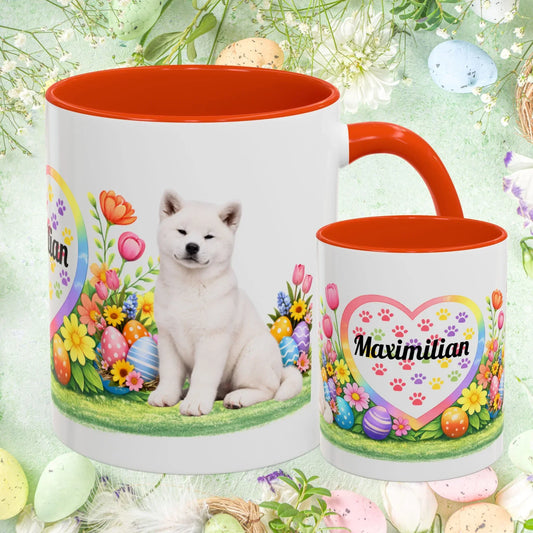 Shop our akita white puppy easter mug featuring the 11oz style option from MySisterIsASurvivor.