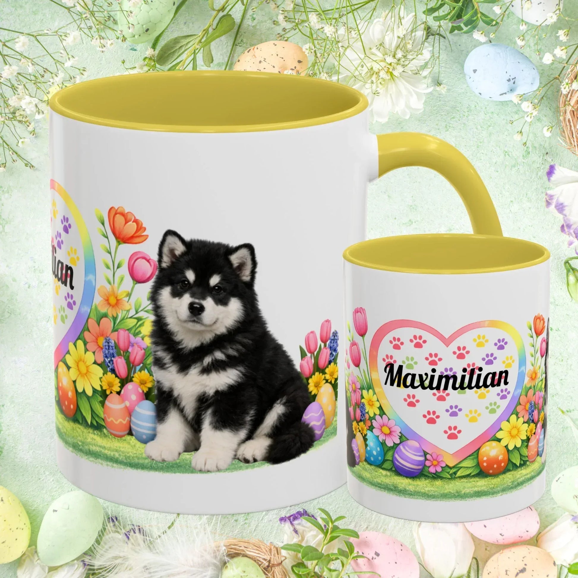 Shop our alaskan malamute black white puppy easter mug featuring the 11oz style option from MySisterIsASurvivor.