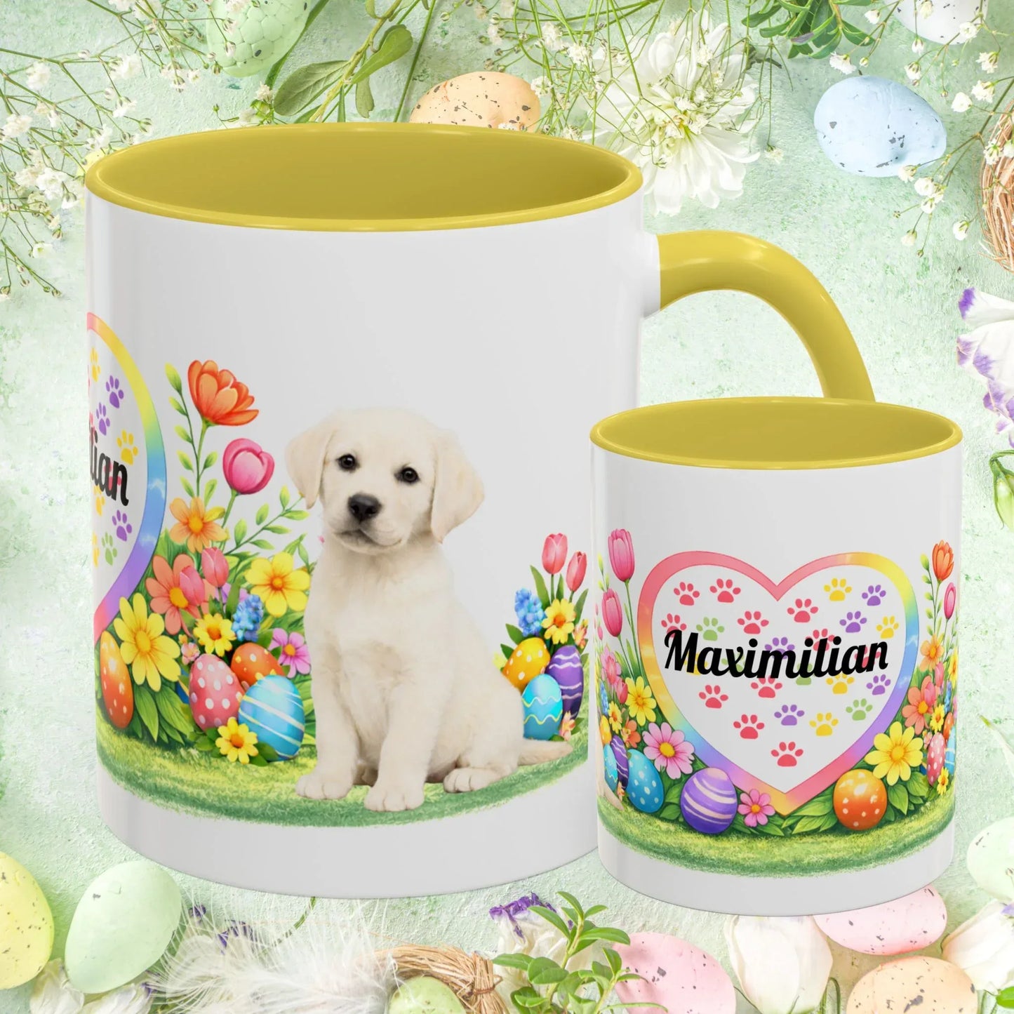 Shop our labrador retriever yellow creamy white puppy easter mug featuring the 11oz style option from MySisterIsASurvivor.