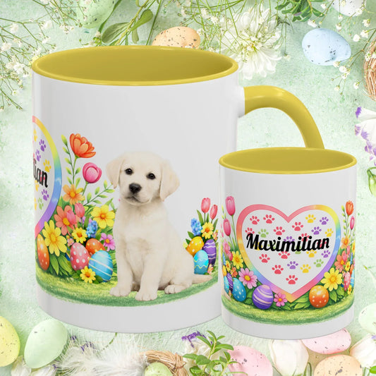 Shop our labrador retriever yellow creamy white puppy easter mug featuring the 11oz style option from MySisterIsASurvivor.