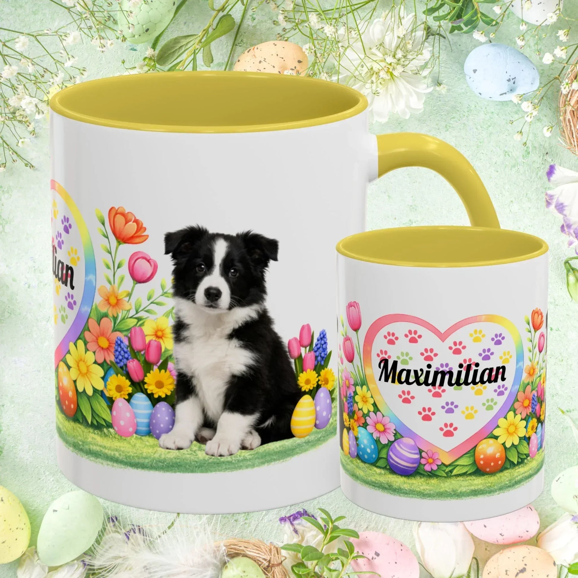 Shop our border collie black white puppy easter mug featuring the 11oz style option from MySisterIsASurvivor.