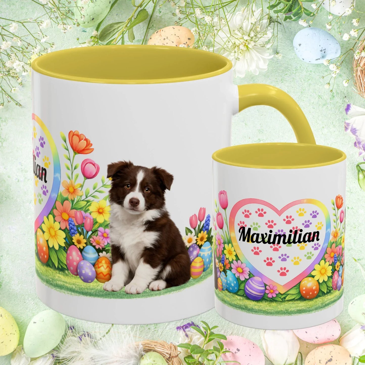 Shop our border collie chocolate white puppy easter mug featuring the 11oz style option from MySisterIsASurvivor.