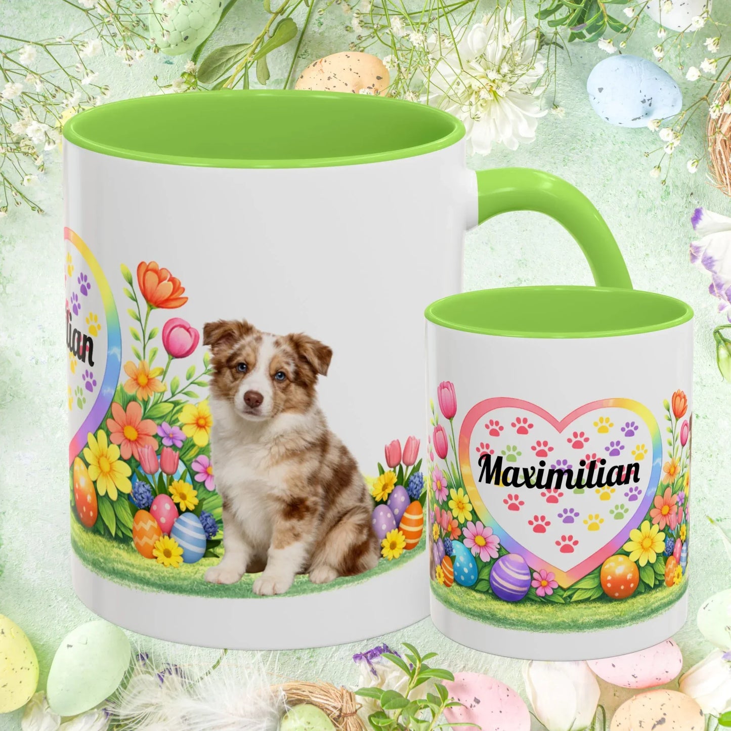Shop our border collie red merle puppy easter mug featuring the 11oz style option from MySisterIsASurvivor.
