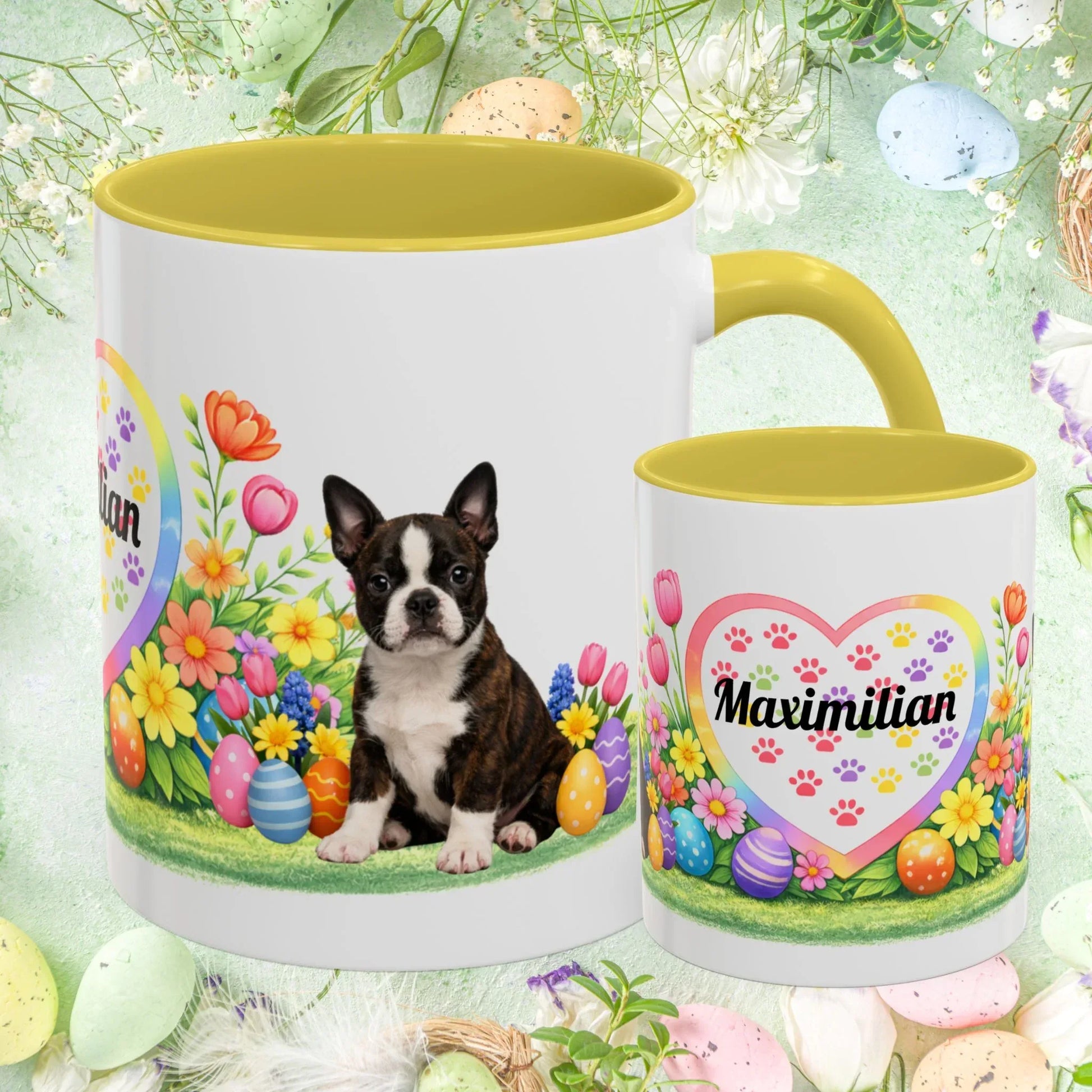 Shop our boston terrier brindle puppy easter mug featuring the 11oz style option from MySisterIsASurvivor.