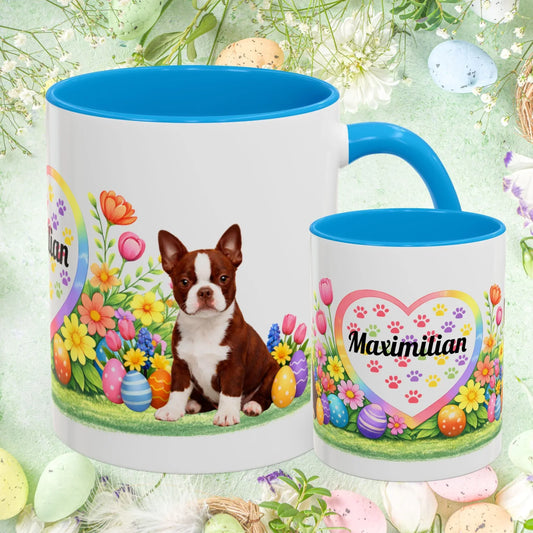 Shop our boston terrier red and white puppy easter mug featuring the 11oz style option from MySisterIsASurvivor.