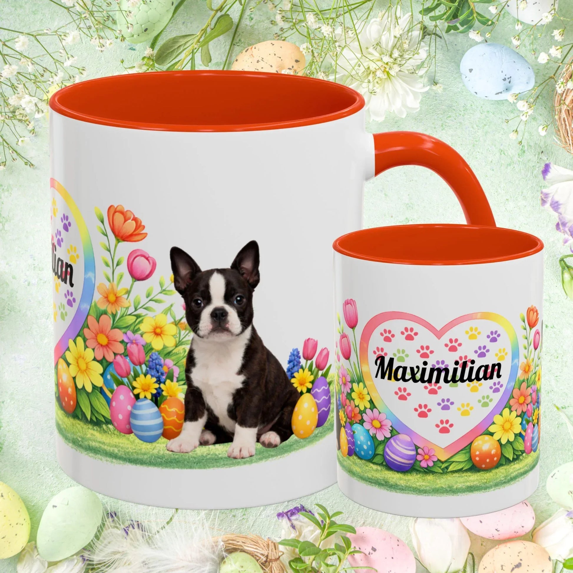 Shop our boston terrier seal brindle and white puppy easter mug featuring the 11oz style option from MySisterIsASurvivor.