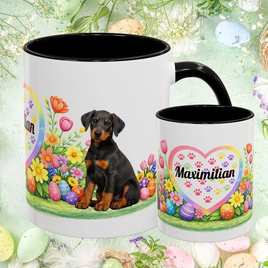Shop our doberman blue rust puppy easter mug featuring the 11oz style option from MySisterIsASurvivor.