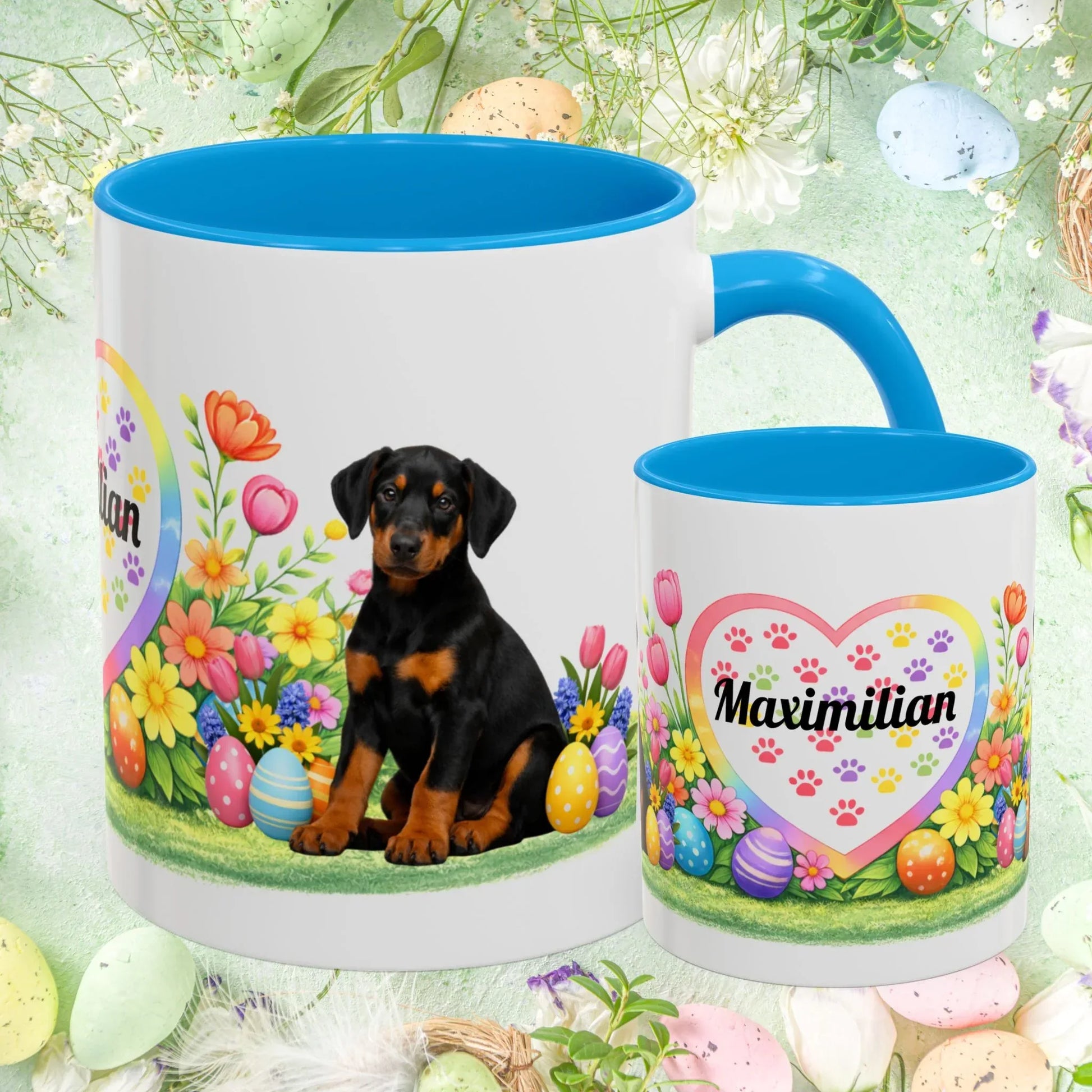 Shop our doberman black rust puppy easter mug featuring the 11oz style option from MySisterIsASurvivor.
