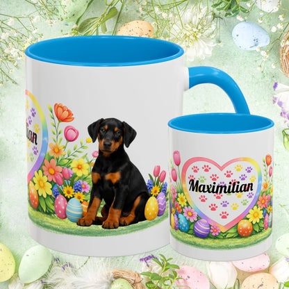 Shop our doberman black rust puppy easter mug featuring the 11oz style option from MySisterIsASurvivor.