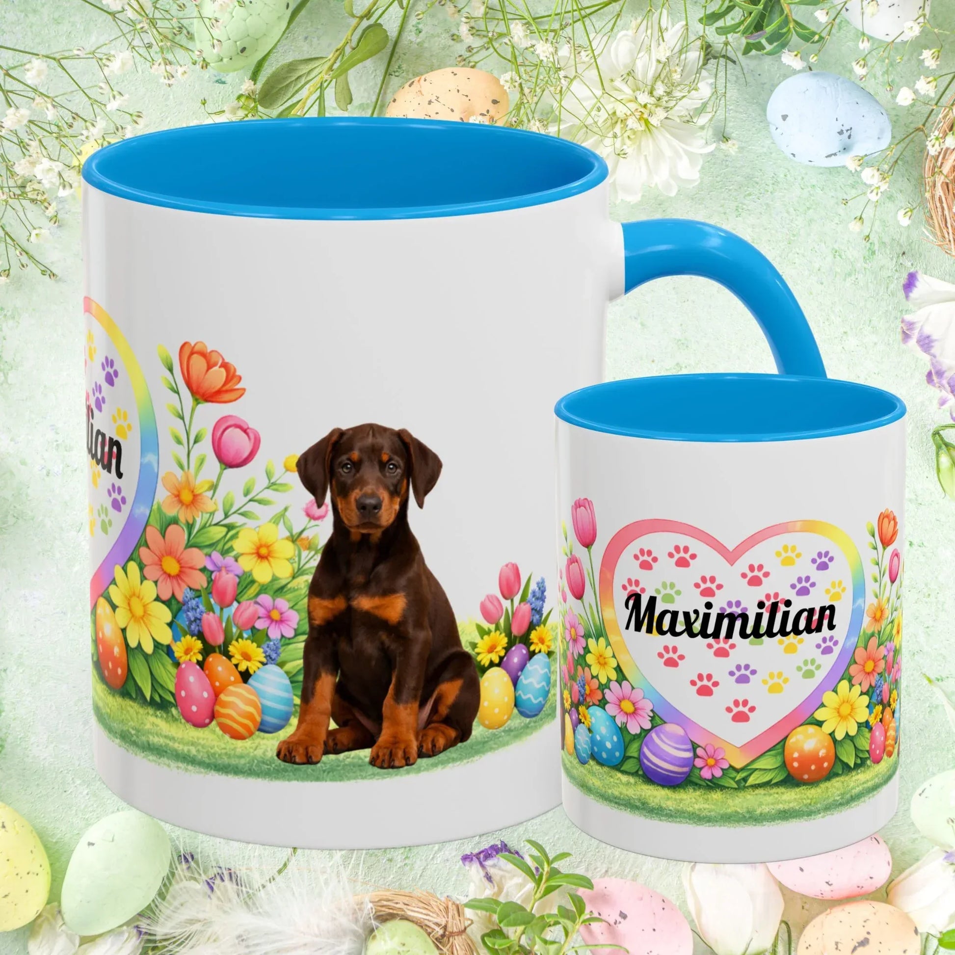Shop our doberman red rust puppy easter mug featuring the 11oz style option from MySisterIsASurvivor.