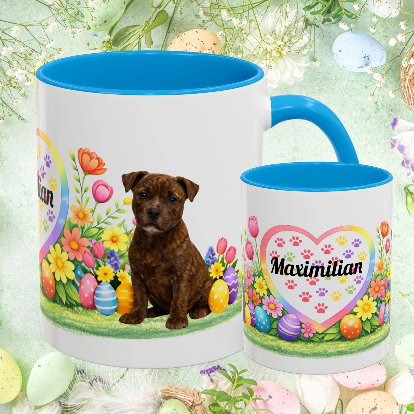 Shop our pitbull brindle puppy easter mug featuring the 11oz style option from MySisterIsASurvivor.