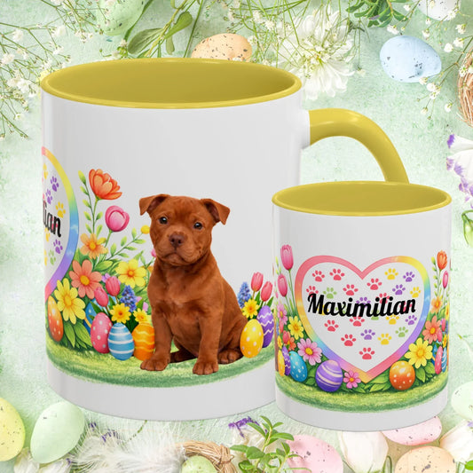 Shop our pitbull red puppy easter mug featuring the 11oz style option from MySisterIsASurvivor.