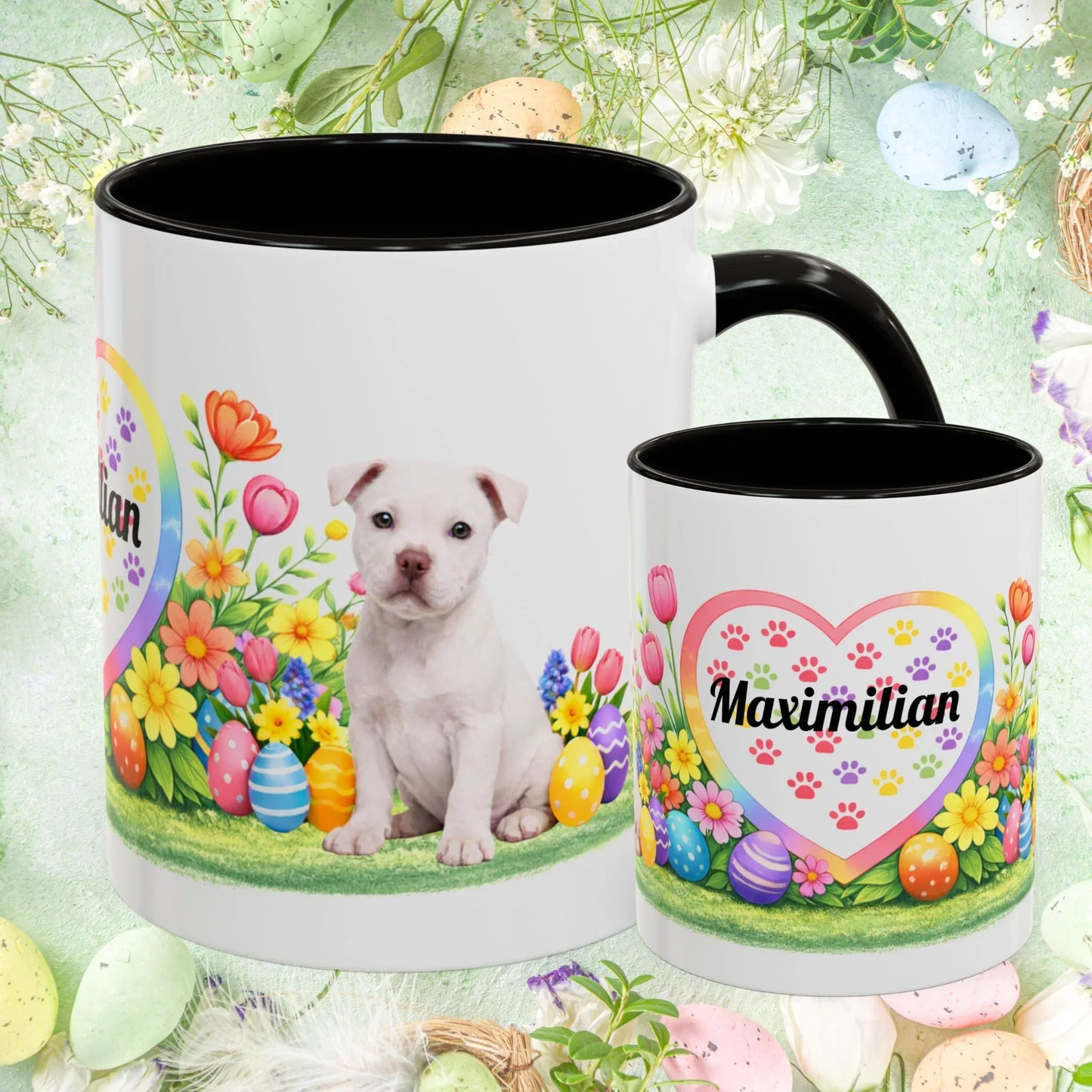 Shop our pitbull white puppy easter mug featuring the 11oz style option from MySisterIsASurvivor.