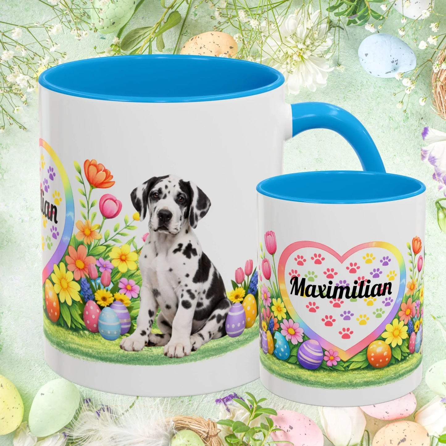 Shop our great dane harlequin puppy easter mug featuring the 11oz style option from MySisterIsASurvivor.