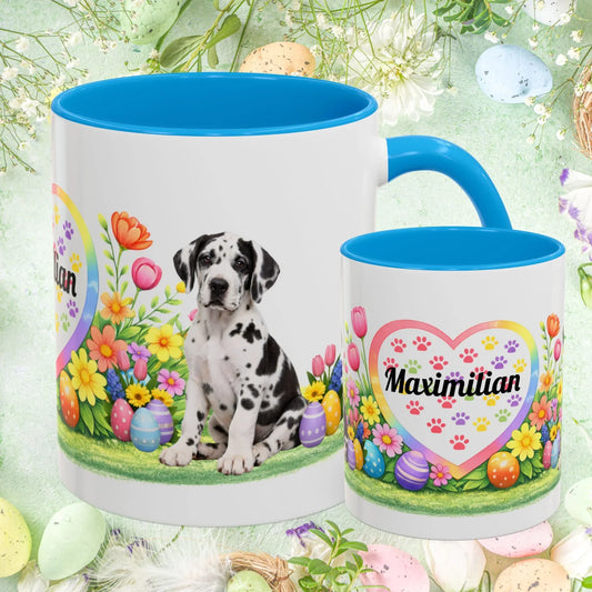 Shop our great dane harlequin puppy easter mug featuring the 11oz style option from MySisterIsASurvivor.