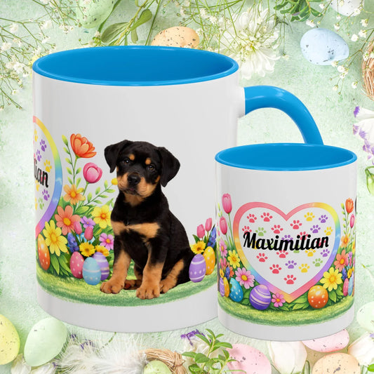 Shop our rottweiler black tan puppy easter mug featuring the 11oz style option from MySisterIsASurvivor.