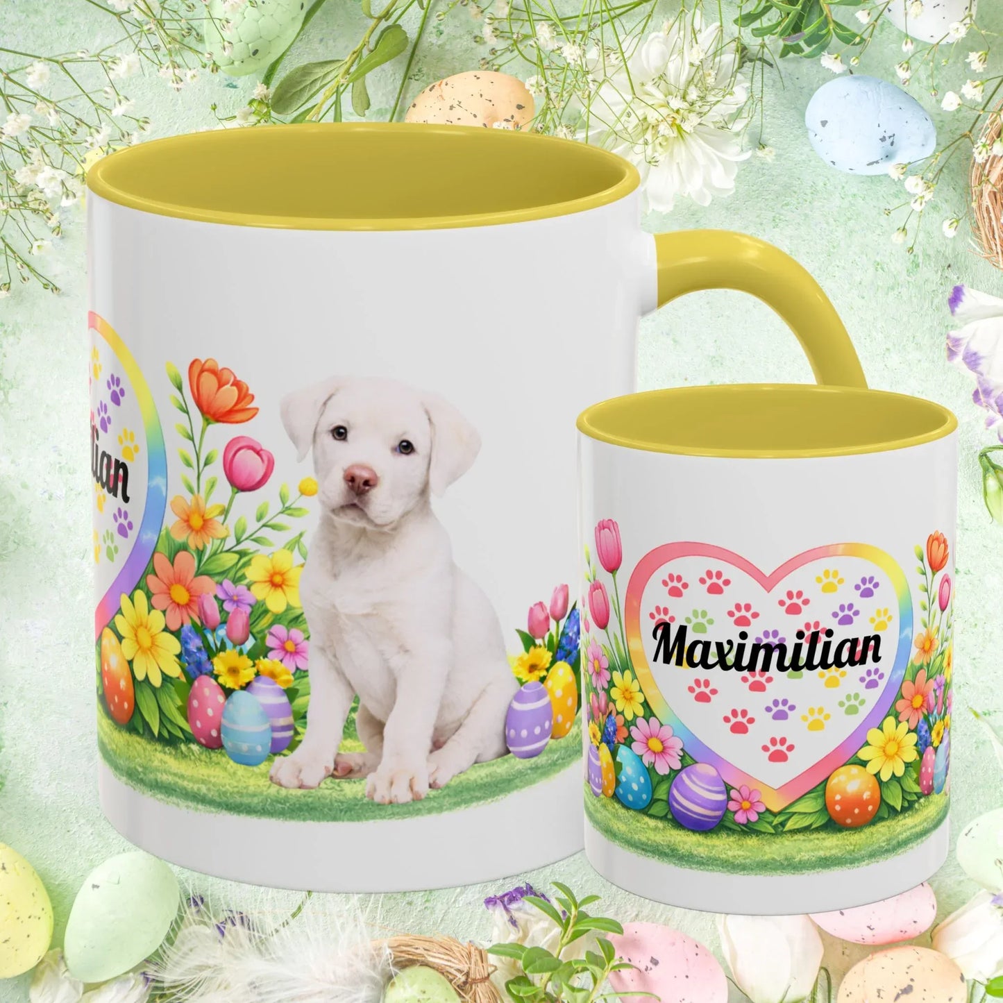 Shop our rottweiler white puppy easter mug featuring the 11oz style option from MySisterIsASurvivor.