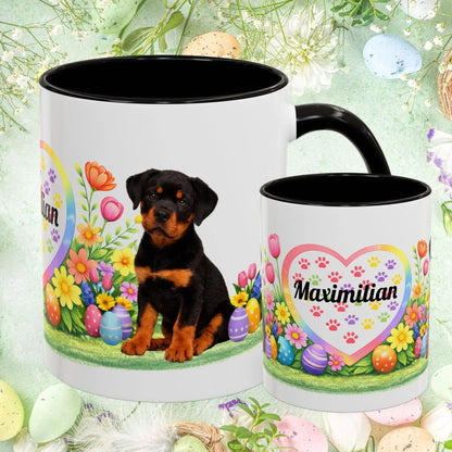 Shop our rottweiler black rust puppy easter mug featuring the 11oz style option from MySisterIsASurvivor.