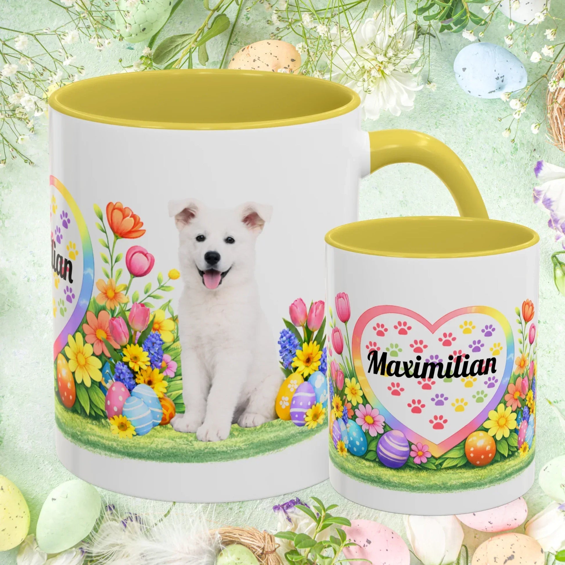Shop our german shepherd white puppy easter mug featuring the 11oz style option from MySisterIsASurvivor.